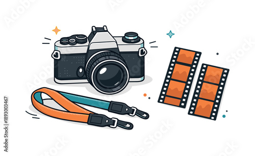 Vintage Camera Artistry. Film photography tools. Manual camera body, strap, and exposed film strips positioned neatly, highlighting tactile gear and vintage