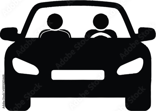 Front view of passenger car silhouette with driver and passenger silhouette icons isolated on transparent background art
