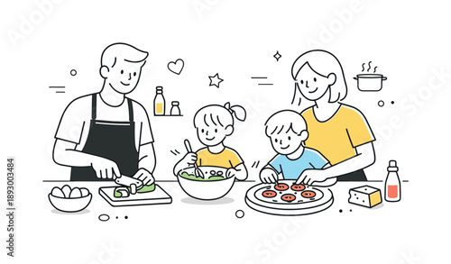 Family Cooking Together. Family dinner cooking teamwork. A simple scene showing parents and children preparing food together in the kitchen, highlighting