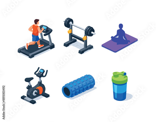 Workout Icon Grid. Workout Mix. Isometric flat vector icons set of Workout Mix: treadmill running athlete, barbell squat rack, yoga mat with pose silhouette,