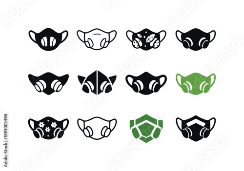 Spring Allergy Icons. Spring allergies. Icon set. Set Logo of spring allergies: allergy mask. harmonious logo variations: Negative space, Minimal outline,