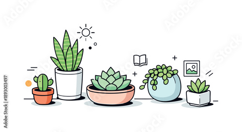 Minimalist Succulent Arrangement. Minimal indoor succulents scene. Succulent pots placed casually but neatly, soft shadows suggesting depth and calm light.
