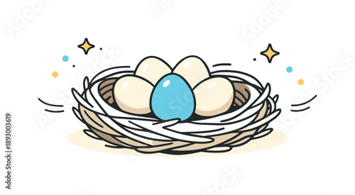 Cozy Bird Nest. Nest with Eggs. Cozy bird nest made of soft twigs holding a few eggs, carefully arranged in the center. Calm springtime mood expressing care