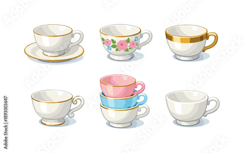 Bone China Teacup Icons. Bone china teacups. Isometric flat vector icons set of bone china teacups: delicate teacup with saucer, floral patterned teacup, gold