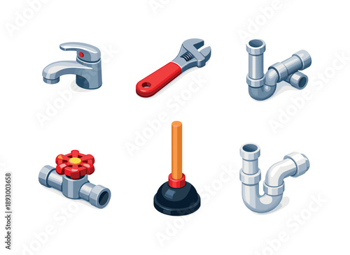 Plumbing Tools Icons. Plumbing. Isometric flat vector icons set of plumbing: sink faucet, adjustable wrench, water pipes, valve knob, plunger tool, drain