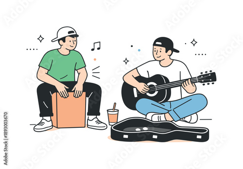 Street Music Duo. Street music performance duo. Two musicians playing together with simple instruments, calm collaboration and shared creative