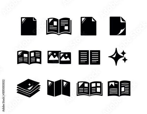 Glossy Page Icons. Glossy pages. Solid icon set of Glossy pages: magazine page, open magazine, glossy paper sheet, page corner fold, printed spread, photo