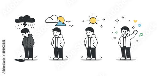 Lightening Atmosphere Journey. From heavy to light. A character standing as the surroundings gradually brighten and soften. Visual story of atmosphere clearing
