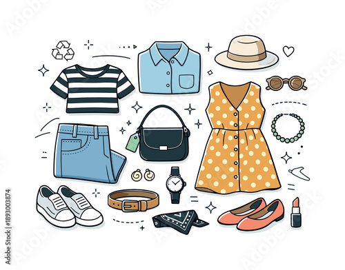 Mindful Fashion Flatlay. Second hand shopping. A flat-lay style scene with selected second-hand clothes, shoes, and accessories neatly arranged. Clean overview