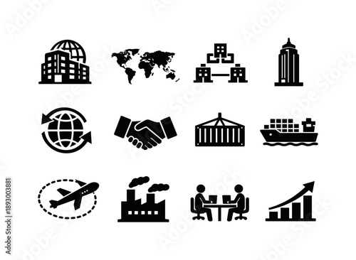 Multinational Icons Set. Multinational Corporations. Solid icon set of Multinational Corporations: global headquarters building, world map, interconnected