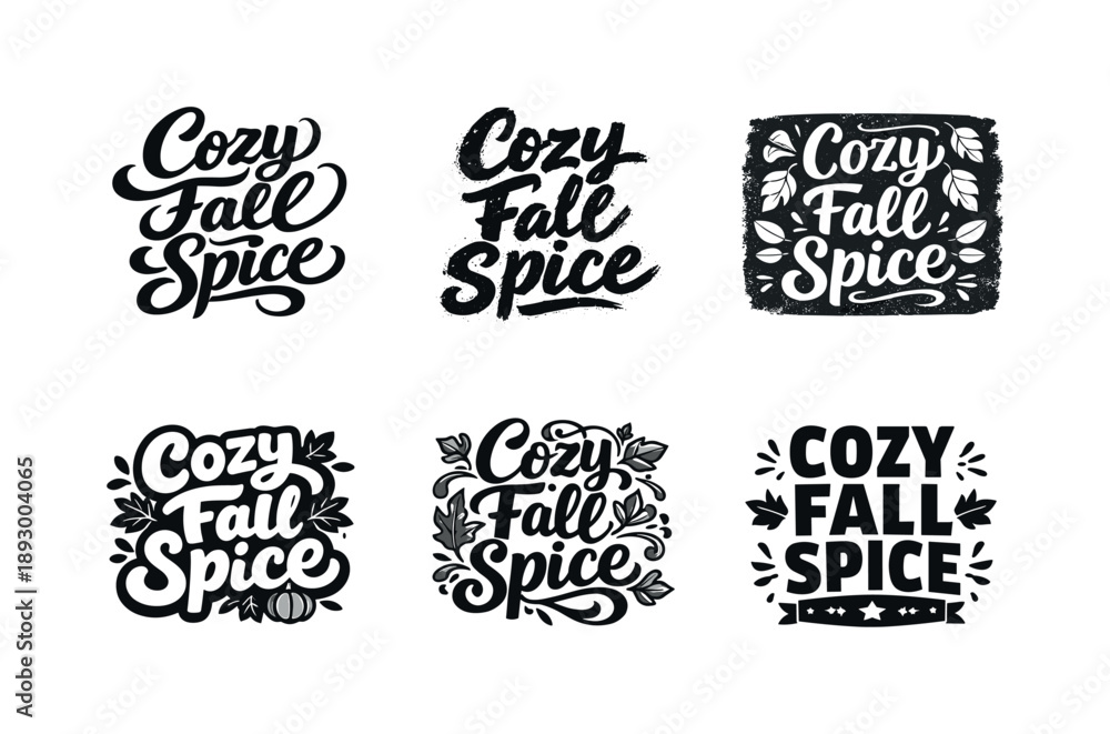 Fototapeta premium Cozy Fall Lettering. Cozy fall spice. Set lettering. harmonious lettering variations of the same emblematic concept, each with different artistic