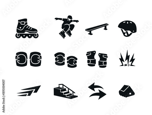 Extreme Skating Icons. Extreme Skating. Solid icon set of Extreme Skating: aggressive inline skates, skater jump pose, grind rail, helmet, knee pads, elbow