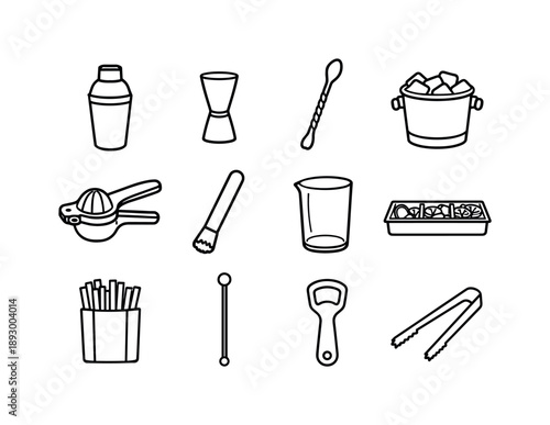 Bar Icons Set. Party drinks. Line icon set of bar essentials: cocktail shaker, jigger, bar spoon, ice bucket, citrus squeezer, muddler, mixing glass, garnish