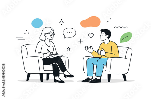 Therapy Session Serenity. Mental health therapy. A therapist and client sitting in a calm one-on-one conversation, focused on listening and understanding. Safe