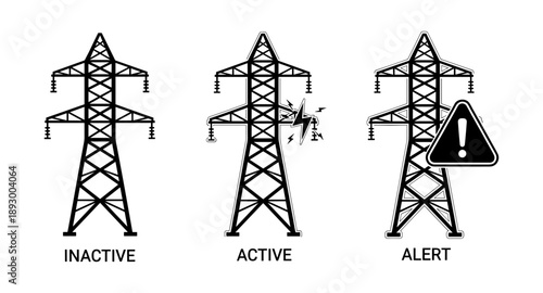 Power line tower status: inactive, active with lightning, and alert with warning sign