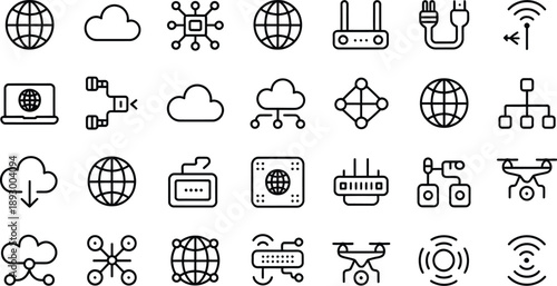 Network and internet icon set, collection of 30 outline linear vector symbols with editable stroke for web apps, digital technology interfaces, connectivity concepts, and modern UI design
