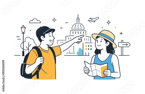 City Tour Enthusiasts. Travelers sightseeing city. One traveler pointing at a building while explaining something to a companion. Friendly interaction,