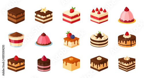 Collection of assorted cakes and desserts displayed on a white background from a top-down viewpoint