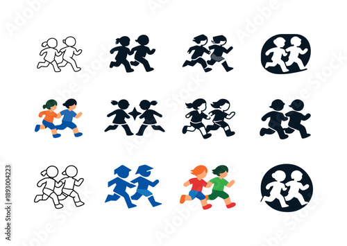 Joyful Running Icons. Children running. Icon set. Set Logo of children running: joyful kids running together. harmonious logo variations of the same emblematic