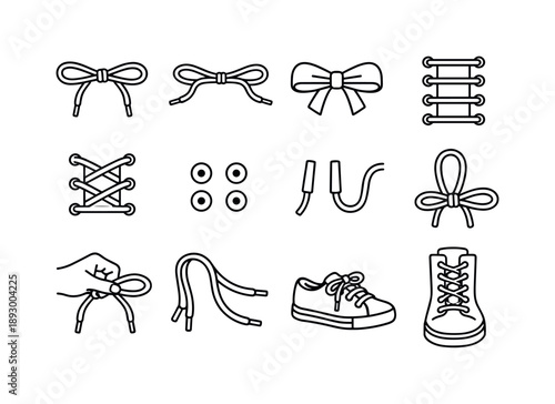 Shoelace Icon Set. Shoe lace. Line icon set of Shoe lace: tied shoelaces, untied shoelaces, bow knot lace, straight lacing, criss cross lacing, shoe eyelets,