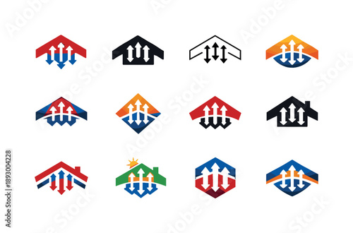 Home Insulation Icons. Home insulation and weatherproofing. Icon set. Set Logo of home insulation and weatherproofing: roof with heat retention arrows.