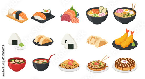 Assorted Asian cuisine delicacies including sushi, sashimi, and noodle dishes, presented in various bowls and plates