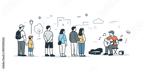 Urban Performance Gathering. Street art audience. People standing at different distances, watching a street performance with calm interest. The illustration