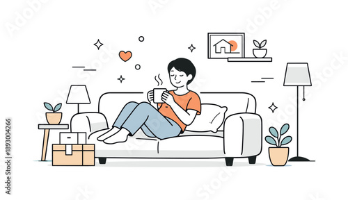Cozy Apartment Relaxation. New home lifestyle scene. A person relaxing on a sofa with a cup of coffee, enjoying a quiet moment in a new apartment. Calm mood