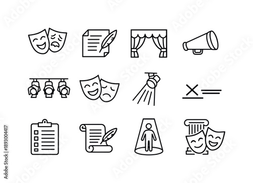 Drama Theater Icons. Drama Theater. Line icon set of Drama Theater: emotional actor, scene script, heavy curtain, director megaphone, lighting grid, character