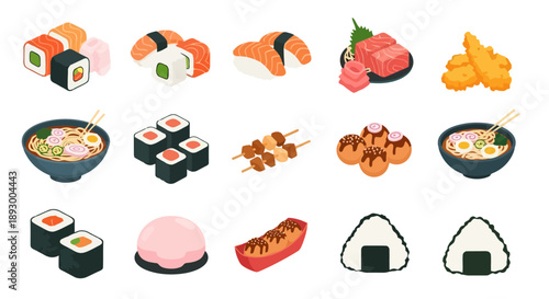 Assorted Japanese cuisine illustrations featuring sushi, sashimi, and tempura dishes on a clean white background from a straightforward viewpoint