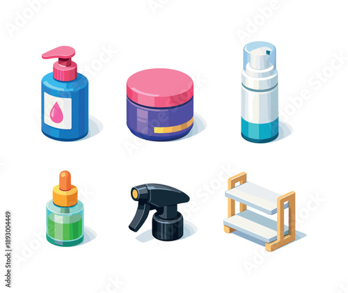 Professional Haircare Icons. Professional Haircare. Isometric flat vector icons set of Professional Haircare: salon-grade shampoo pump, deep treatment mask