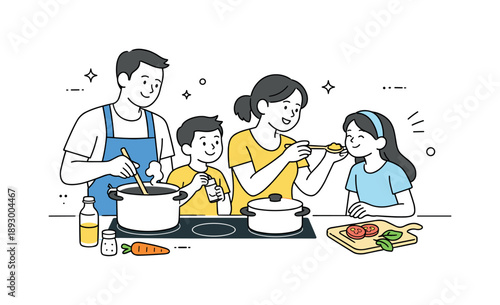 Family Cooking Together. Family cooking home routine. Family stirring pots and tasting food together, cozy mood and everyday domestic life. Minimalist flat
