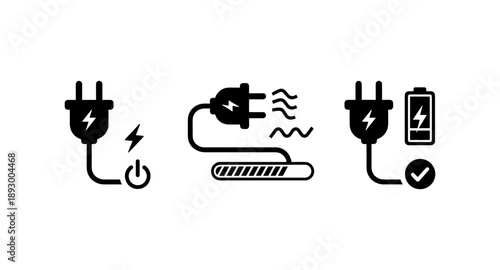 Electrical plug icons showing power, charging, and battery status with checkmark