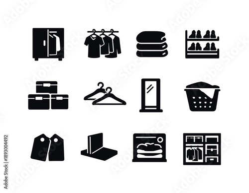 Closet Organization Icons. Closet Organization. Solid icon set of Closet Organization: wardrobe, hanging clothes, folded sweaters, shoe organizer, storage
