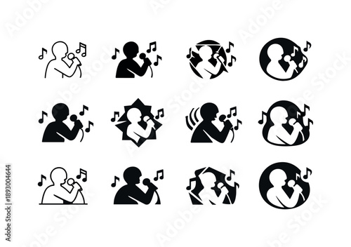 Concert Icon Set. Singing at live performances and concerts. Icon set. Set Logo of Singing at live performances and concerts: musical notes around performer.