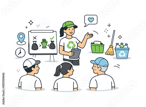 Community Clean-Up Guide. Community clean-up coordination. A group leader explaining tasks with simple gestures and icons. Organized action and friendly