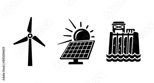 Icons representing renewable energy sources: wind turbine, solar panel, and hydroelectric dam