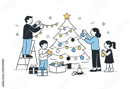 Christmas Eve Decorations. Christmas Eve traditions decorating. Family hanging last ornaments and lights together, relaxed gestures and quiet focus.