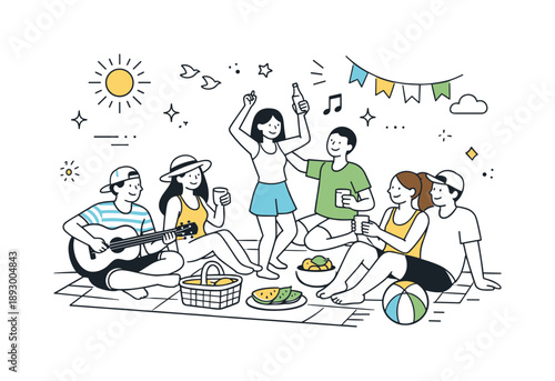 Summer Festival Fun. Summer celebration. Friends gathered at a picnic or festival with light clothes and sun elements around. Bright energy, relaxed joy, and