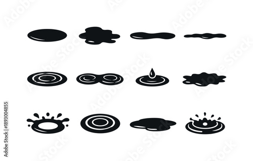Puddle Icon Collection. Puddle patterns. Solid icon set of puddle patterns: oval puddle, irregular puddle, long puddle, thin stripe puddle, ripple puddle,