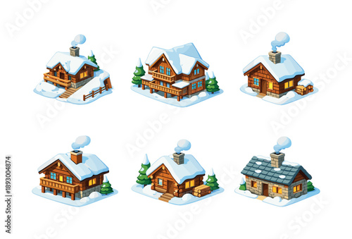 Snowy Cottages Icons. Snow Cottages and Lodges. Isometric flat vector icons set of Snow Cottages and Lodges: winter hillside cottage, alpine timber lodge, snow