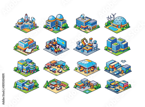 Innovation District Icons. Innovation District. Colorful isometric vector icons set of Innovation District: innovation lab building, research center,