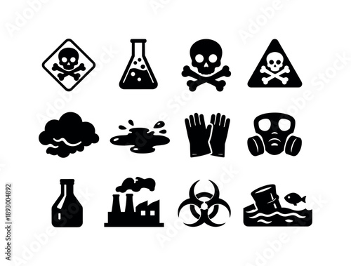 Toxic Symbols Icons. Toxic chemicals. Solid icon set of Toxic chemicals: hazard symbol, chemical flask, skull and crossbones, warning triangle, gas cloud,