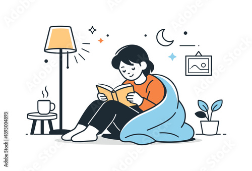 Cozy Reading Nook. Reading at home in the evening. A character curled up with a book, warm blanket, and a floor lamp casting soft light. Peaceful indoor moment