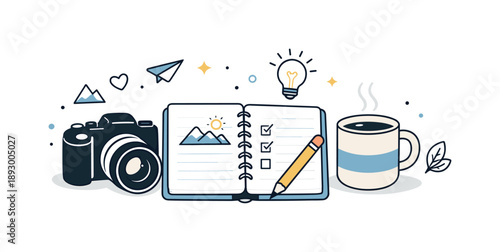 Cozy Creative Setup. Photography hobby illustration. A cozy still life with a camera, notebook, and coffee cup on a table, suggesting inspiration, planning,