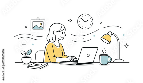 Minimalist Work-from-Home Setup. Work from home scene. A minimal desk setup with laptop, coffee cup and soft decorative elements, expressing calm focus and