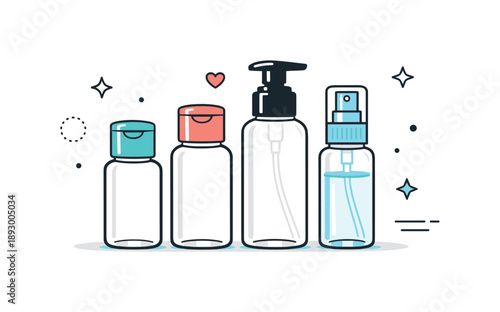 Minimal Travel Toiletries. Minimal travel toiletries. Reusable cosmetic bottles with flip caps and pumps standing side by side, suggesting order and