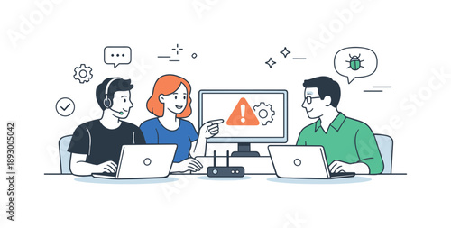 IT Team Collaboration. IT support team collaboration. Technicians working together with laptops and monitors, discussing system issues in a calm professional