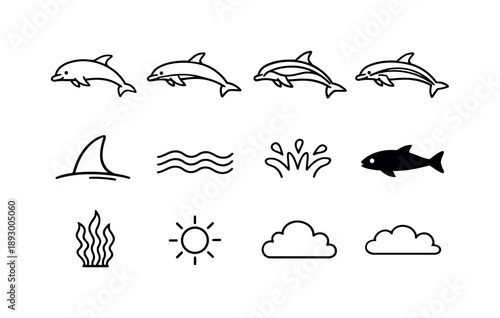 Dolphin Icon Set. Dolphin species. Line icon set of Dolphin species: bottlenose dolphin, spinner dolphin, common dolphin, striped dolphin, dusky dolphin, orca