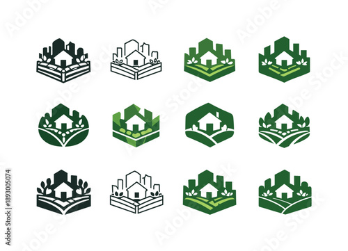 Urban Gardening Icons. Sustainable gardening and urban green spaces. Icon set. Set Logo of sustainable gardening and urban green spaces: community garden plot.